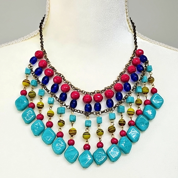 Colorful Beaded Statement Bib Necklace Turquoise Fushia Blue - Picture 1 of 4